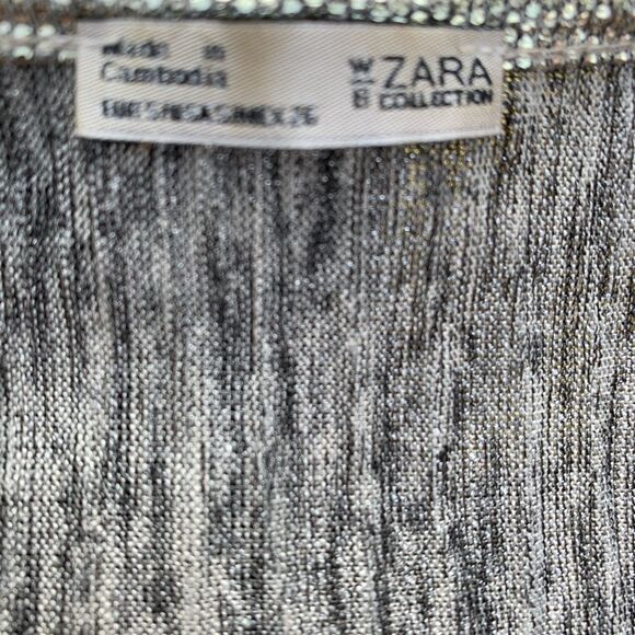 Zara silver metallic long-sleeved V-overlap front blouse, bell elastic cuffs, S - Picture 10 of 11
